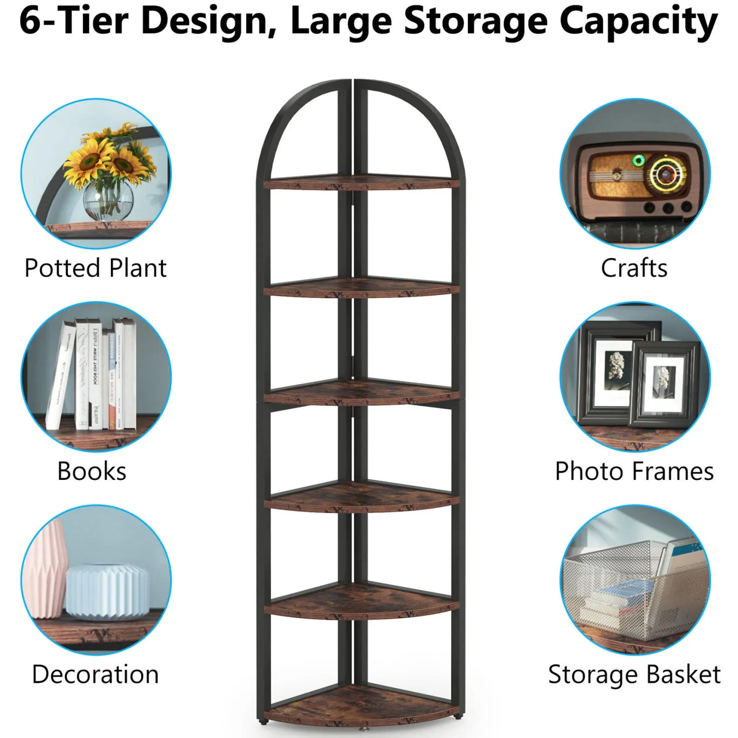 6-Tier Corner Shelf, 71 inch Tall Corner Bookshelf for Small Space