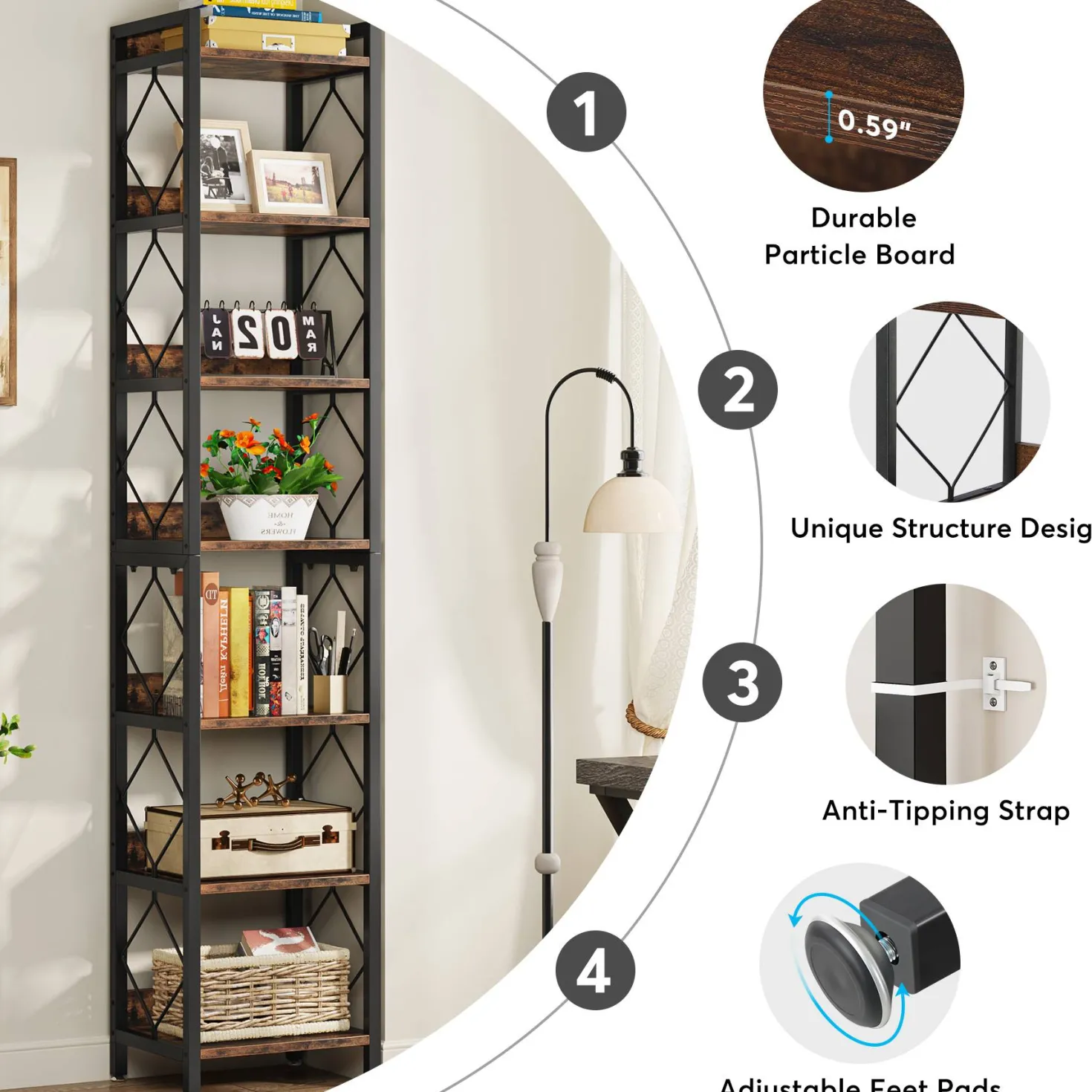7-Tier Corner Shelf, 78.7" Narrow Bookshelf Corner Bookcase