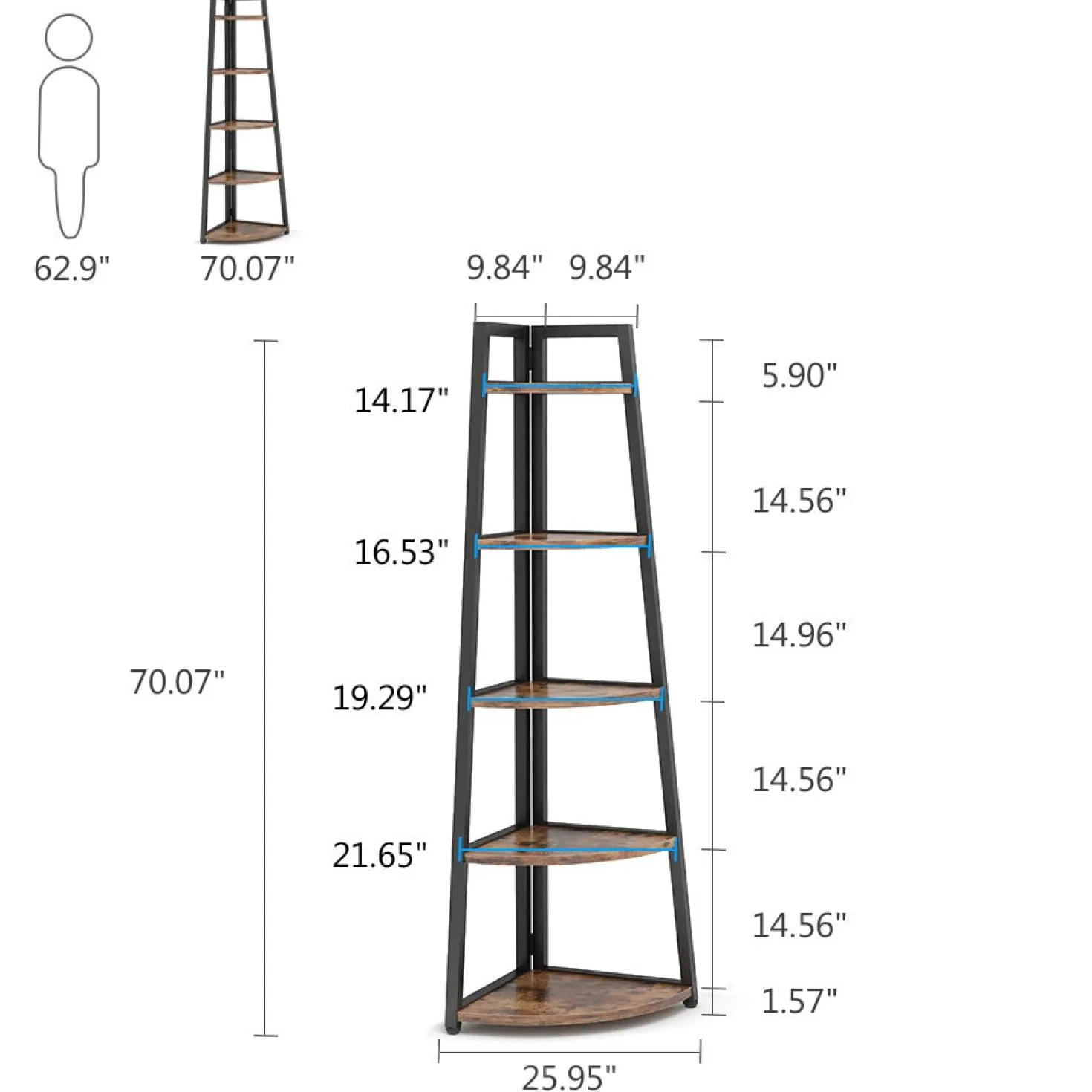 5-Tier Corner Shelf, 70" Tall Corner Ladder Shelf Small Bookshelf