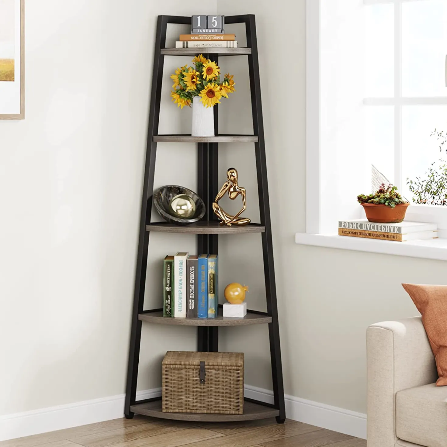 5-Tier Corner Shelf, 70" Tall Corner Ladder Shelf Small Bookshelf
