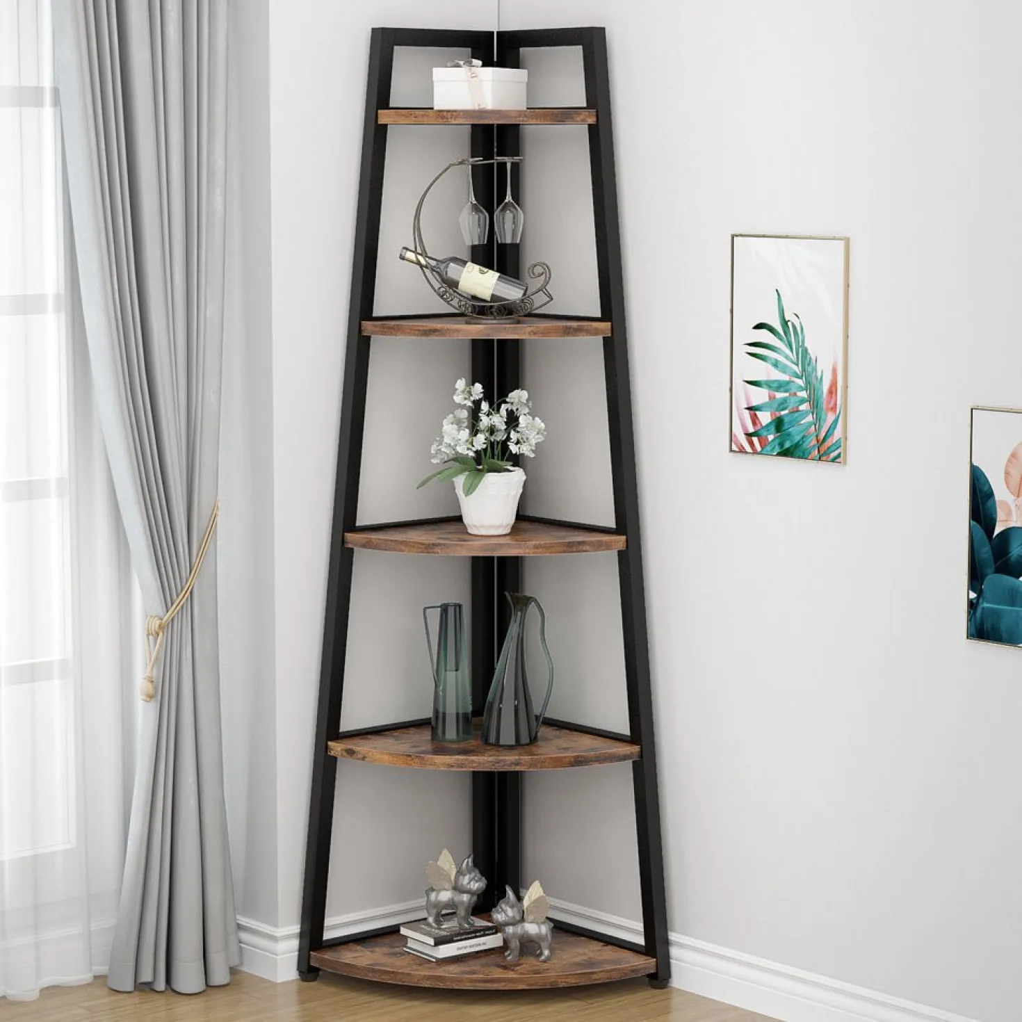 5-Tier Corner Shelf, 70" Tall Corner Ladder Shelf Small Bookshelf