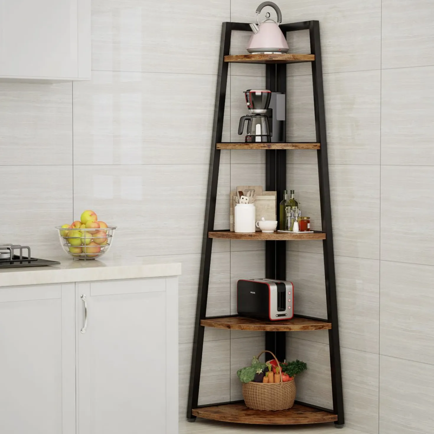 5-Tier Corner Shelf, 70" Tall Corner Ladder Shelf Small Bookshelf
