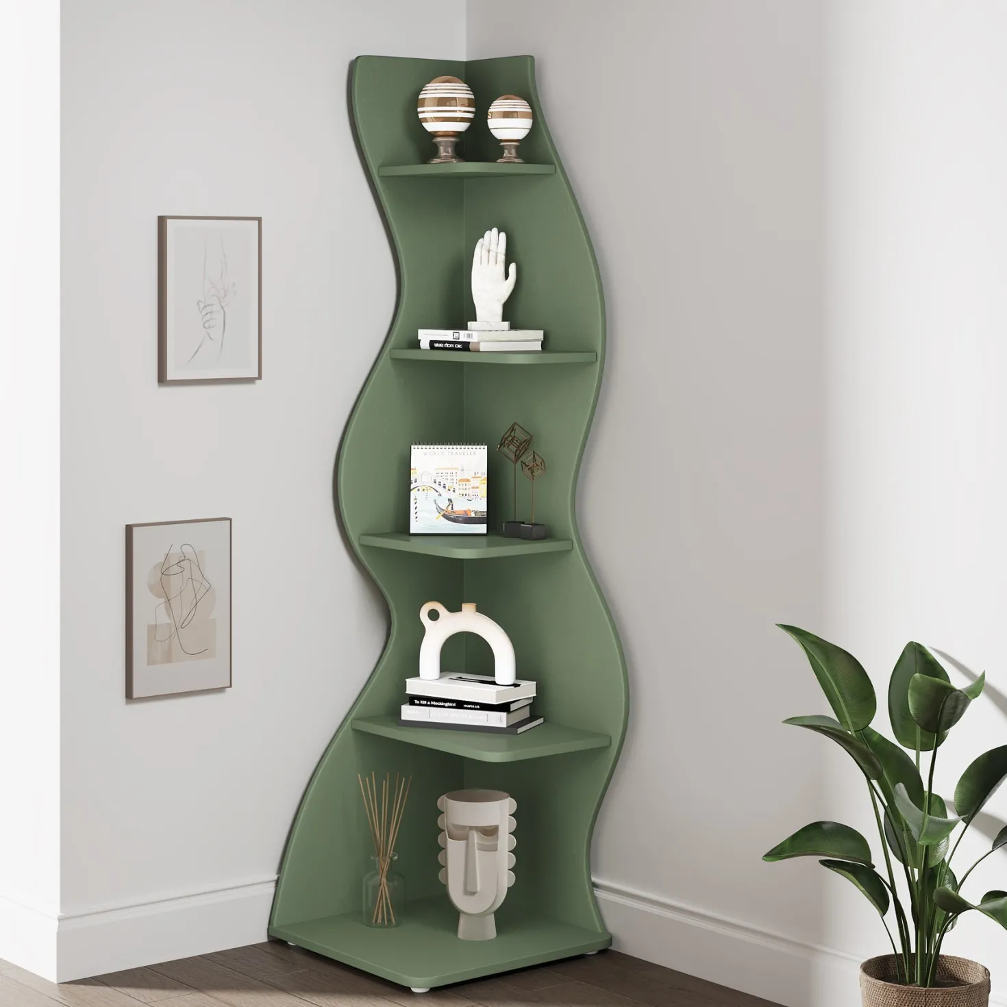 5-Tier Corner Shelf, Modern Wall Corner Bookshelf Bookcase