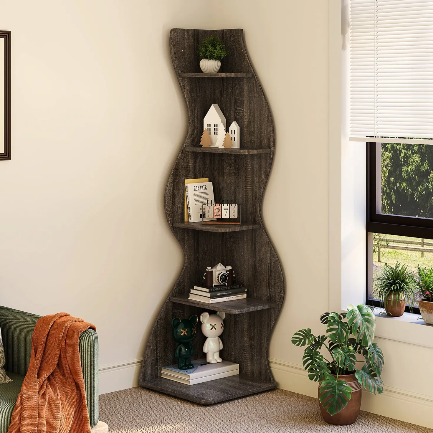 5-Tier Corner Shelf, Modern Wall Corner Bookshelf Bookcase