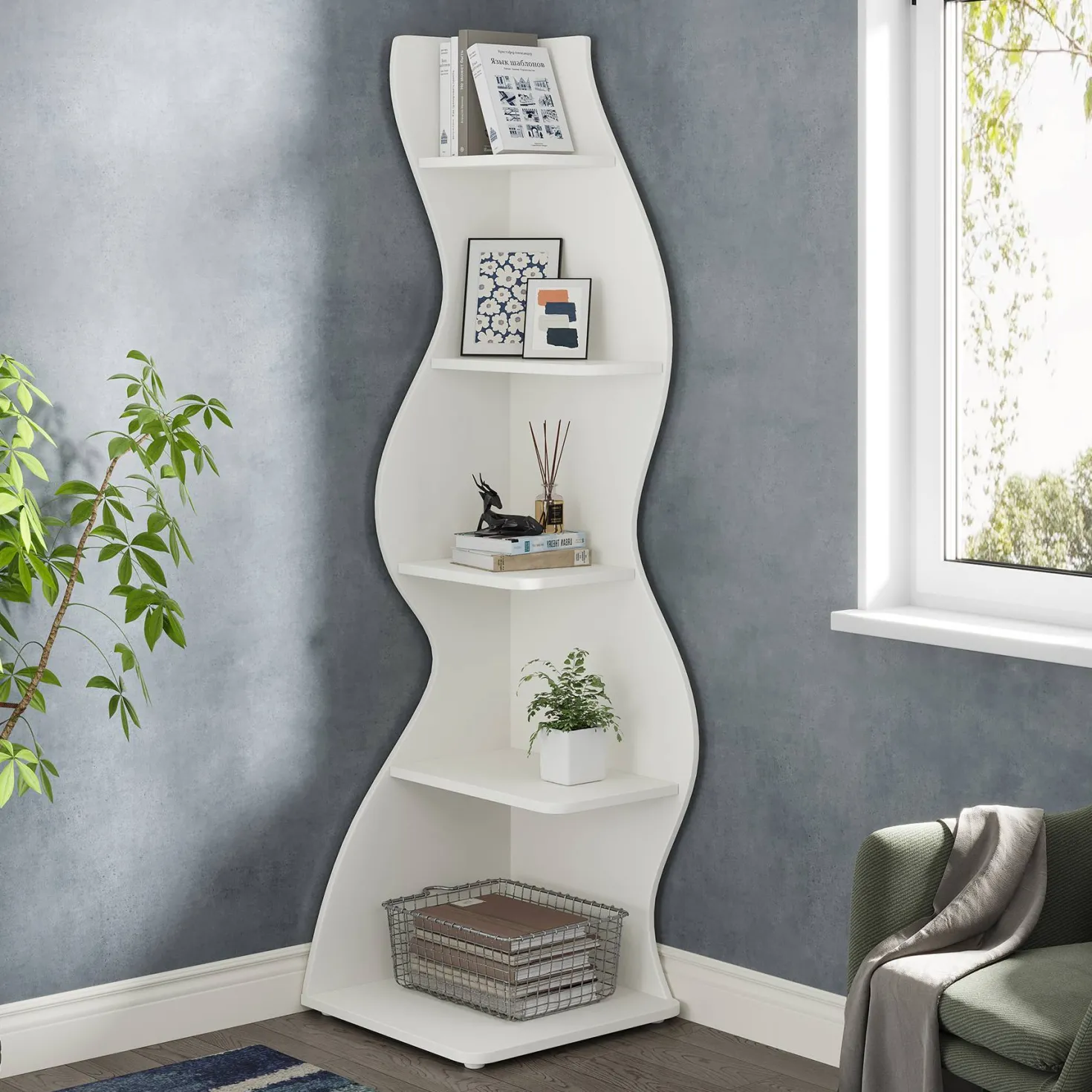 5-Tier Corner Shelf, Modern Wall Corner Bookshelf Bookcase