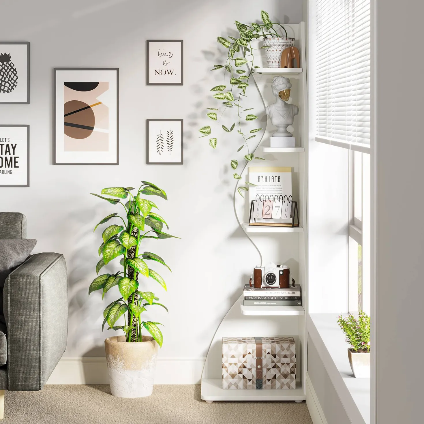 5-Tier Corner Shelf, Modern Wall Corner Bookshelf Bookcase