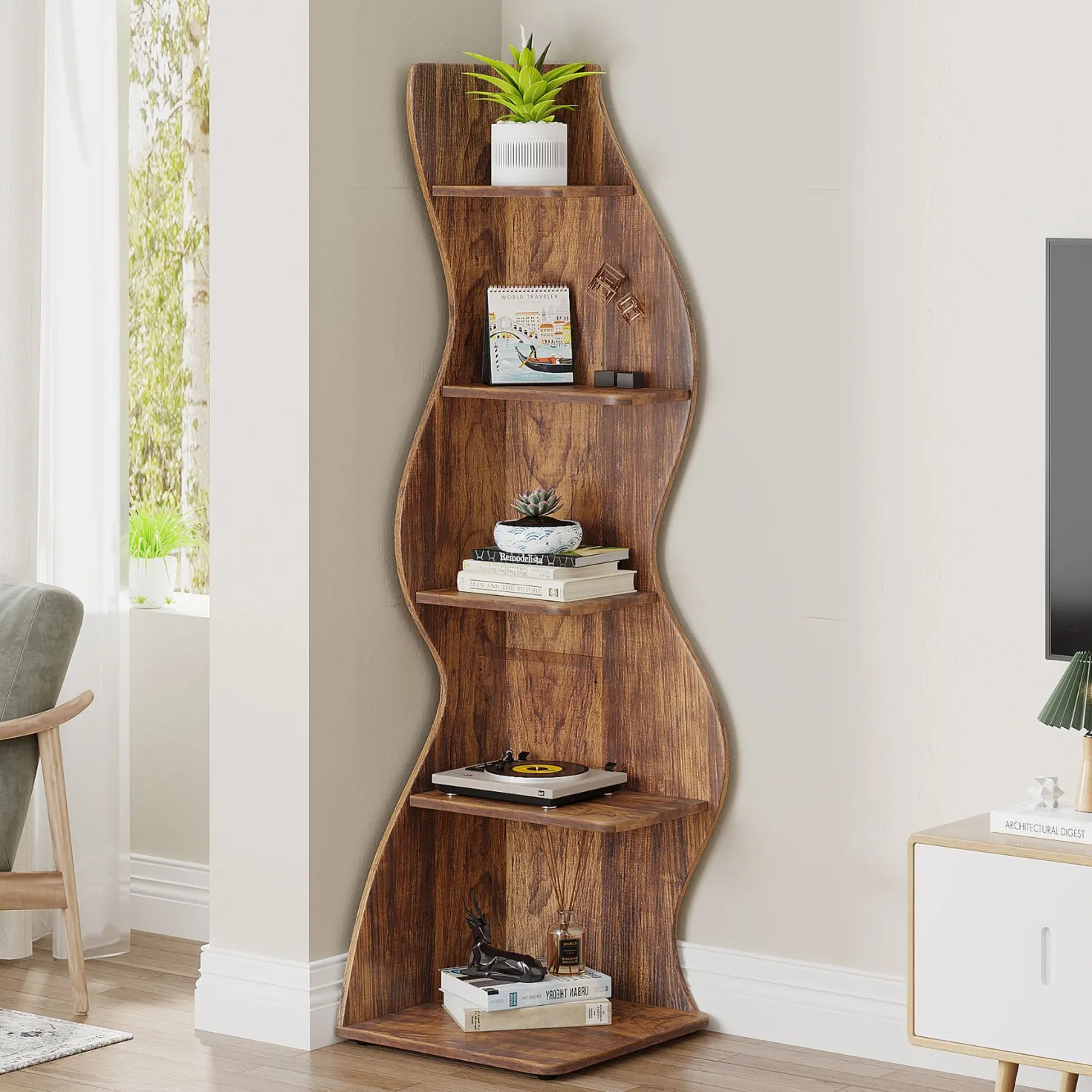 5-Tier Corner Shelf, Modern Wall Corner Bookshelf Bookcase