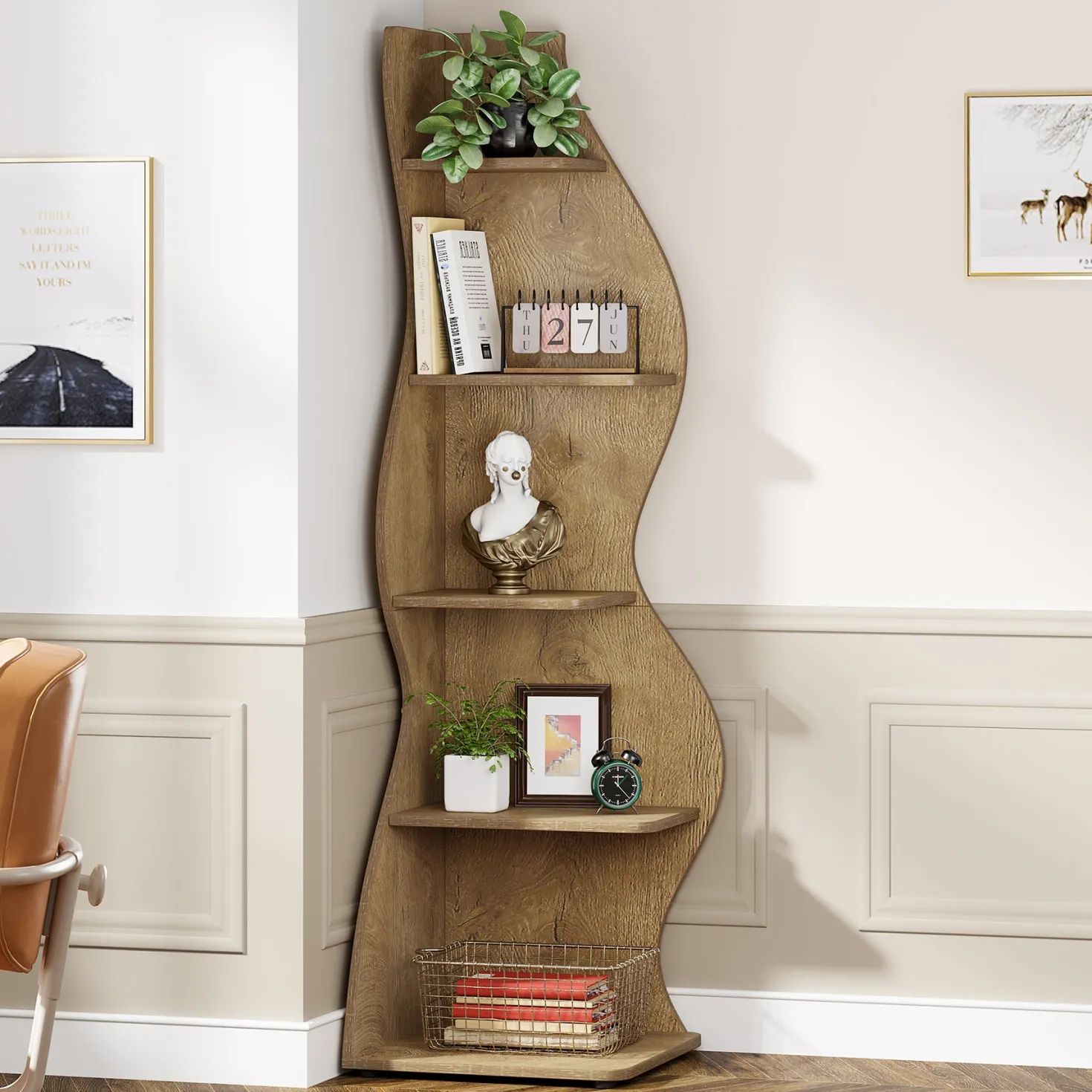 5-Tier Corner Shelf, Modern Wall Corner Bookshelf Bookcase