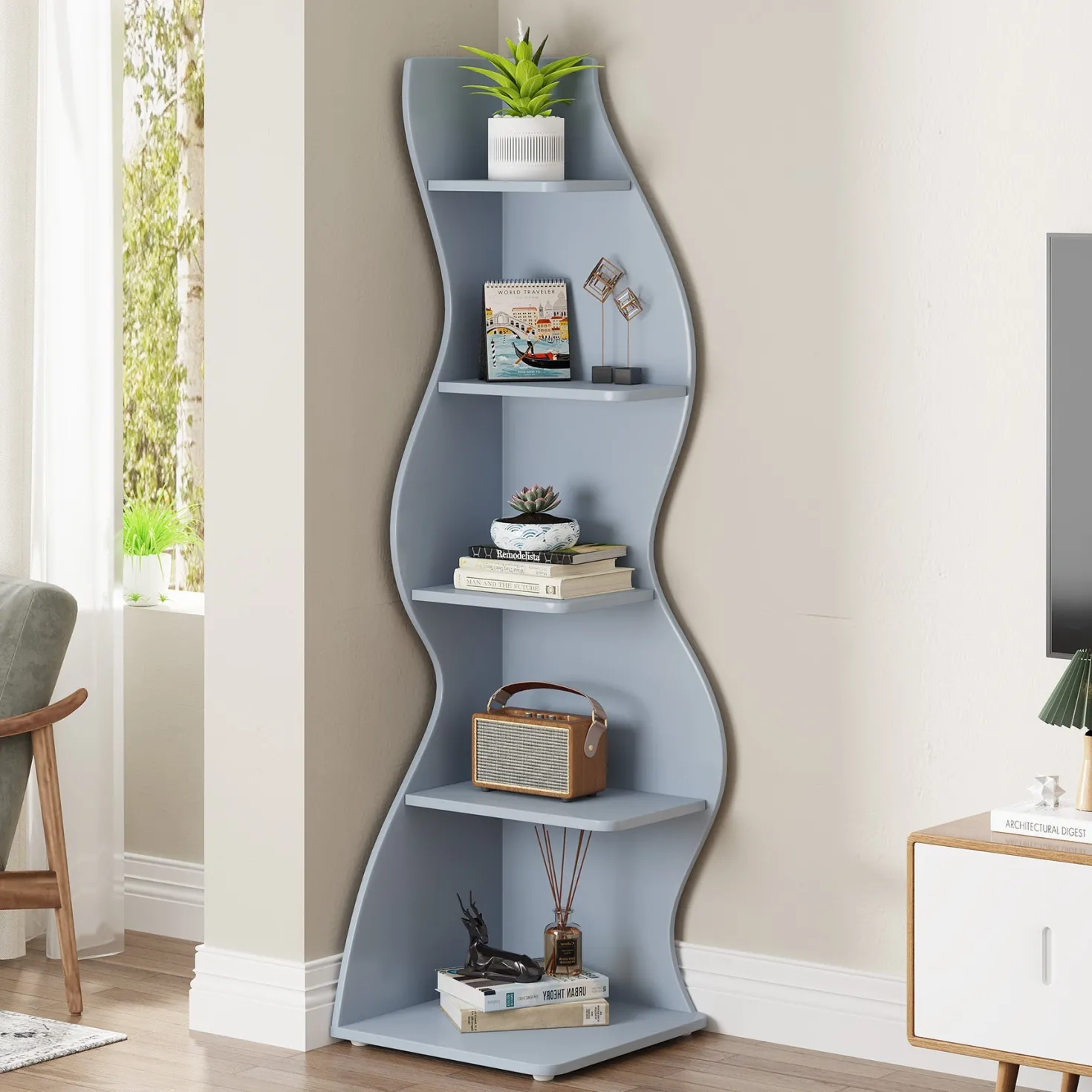 5-Tier Corner Shelf, Modern Wall Corner Bookshelf Bookcase