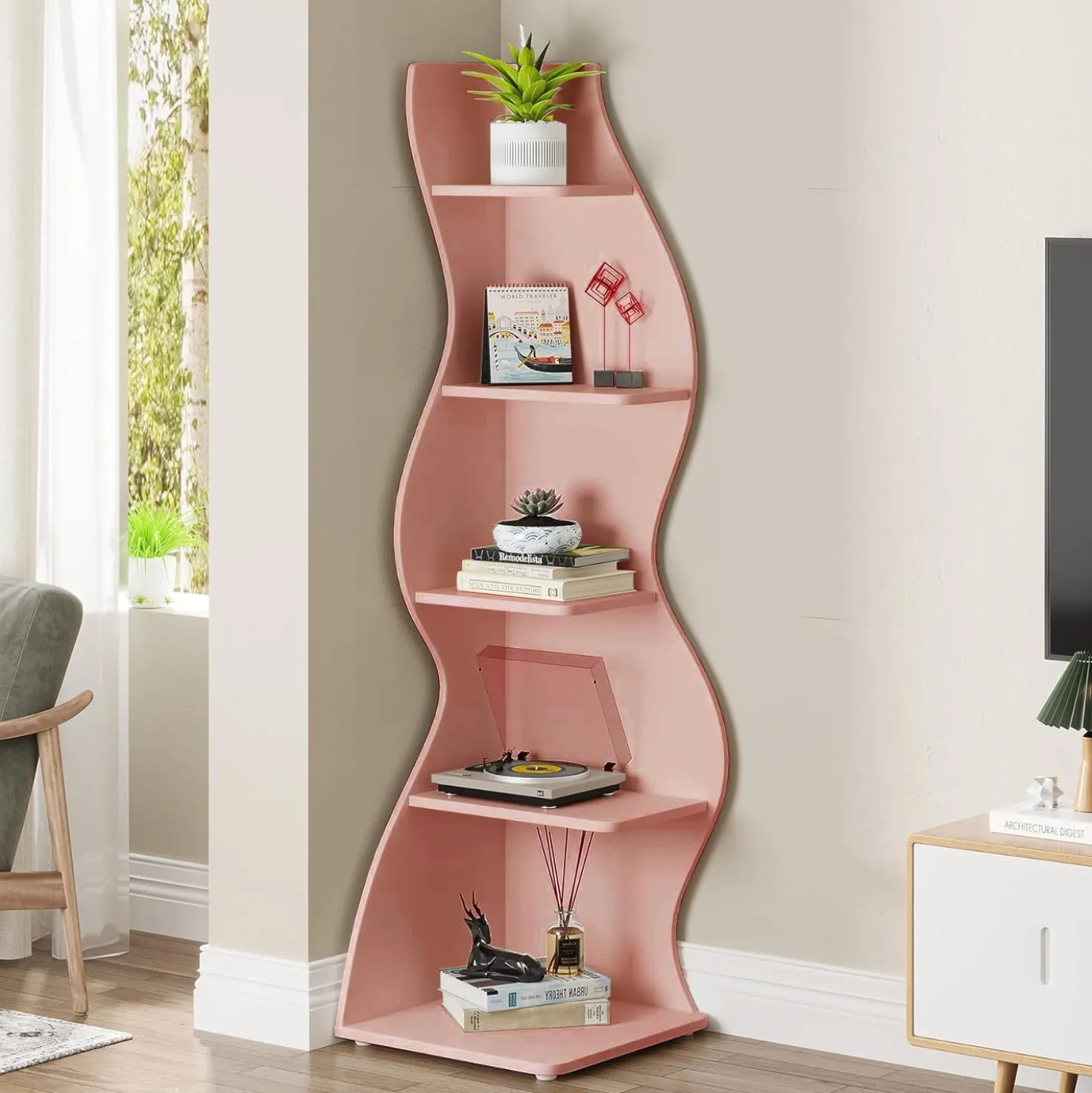 5-Tier Corner Shelf, Modern Wall Corner Bookshelf Bookcase