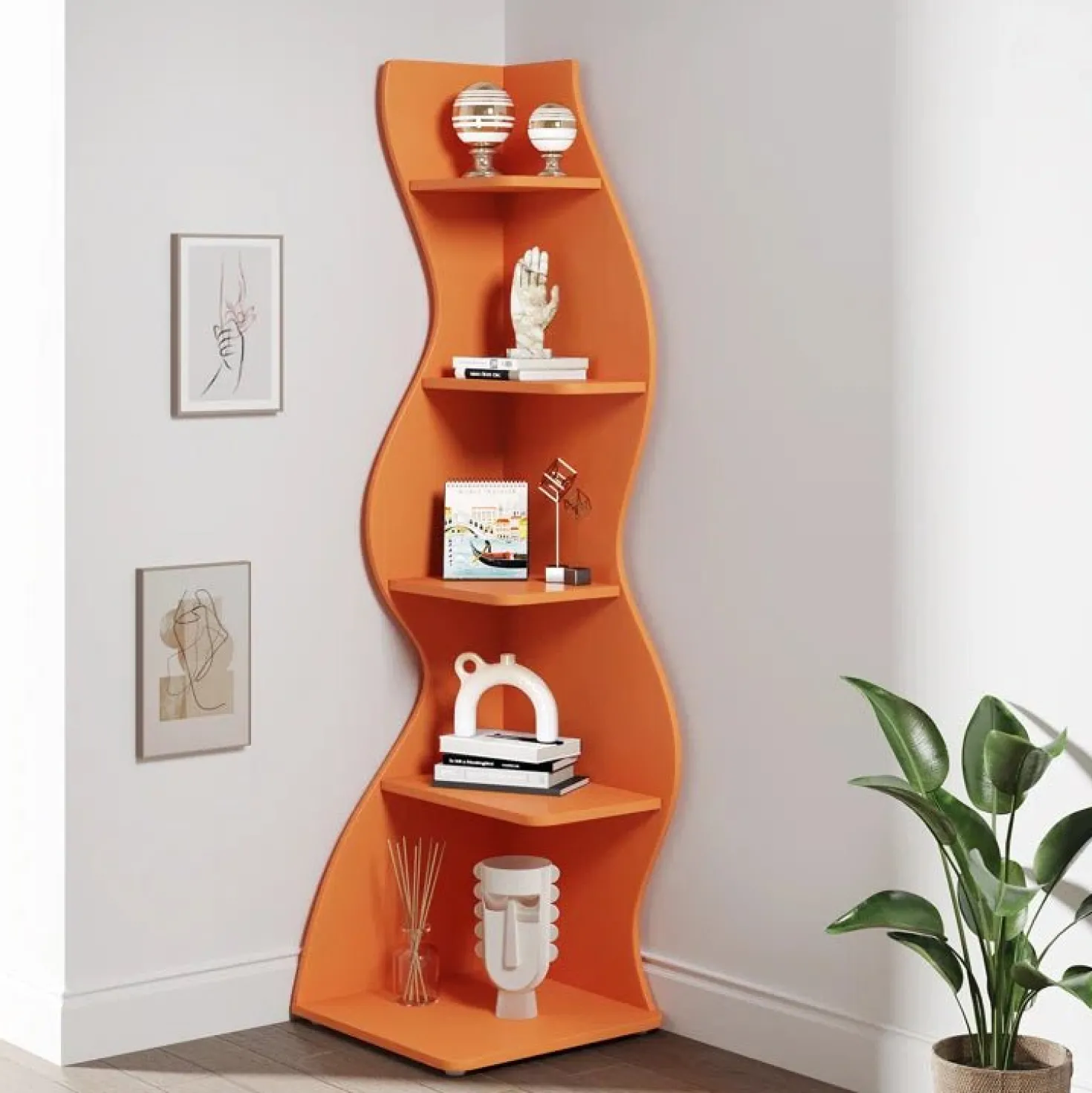 5-Tier Corner Shelf, Modern Wall Corner Bookshelf Bookcase