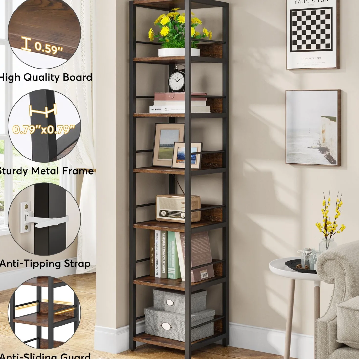 6-Tier Corner Shelf, Narrow Etagere Bookshelf Storage Rack
