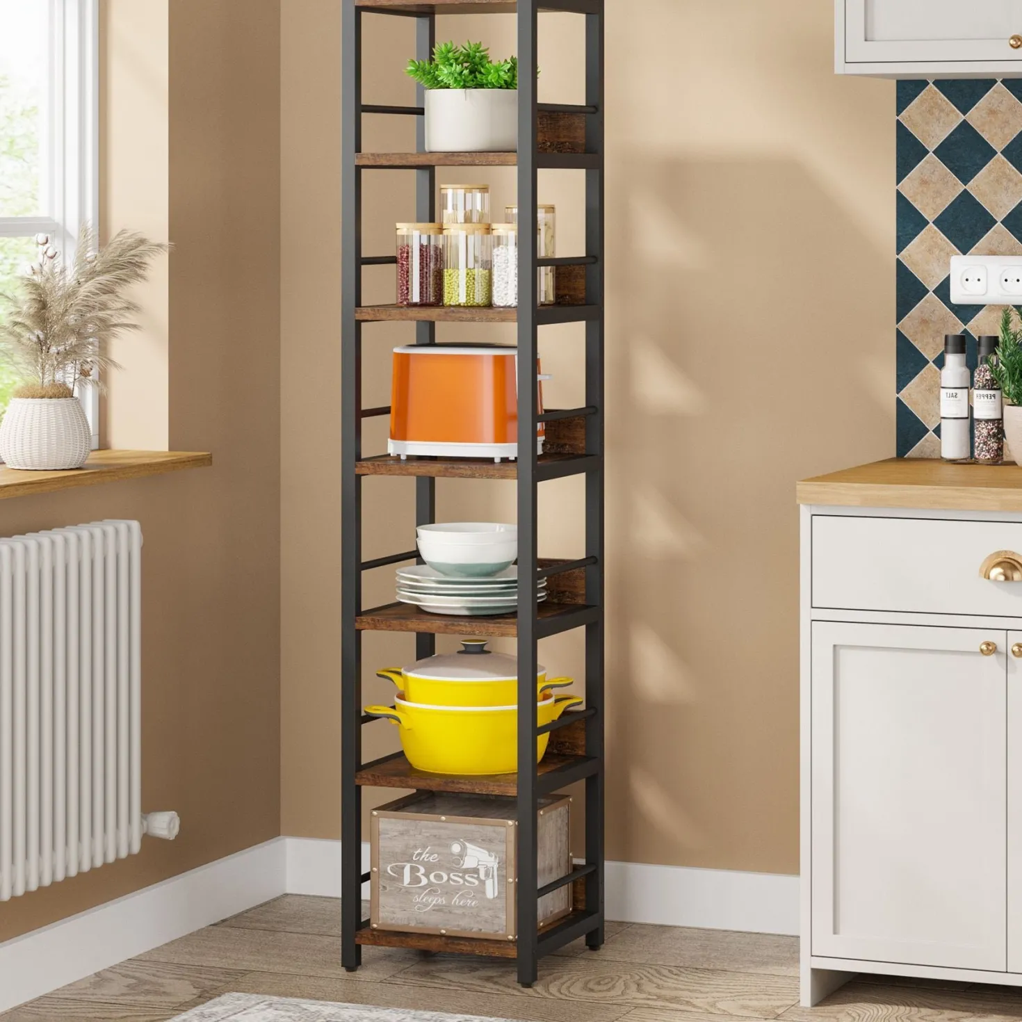 6-Tier Corner Shelf, Narrow Etagere Bookshelf Storage Rack