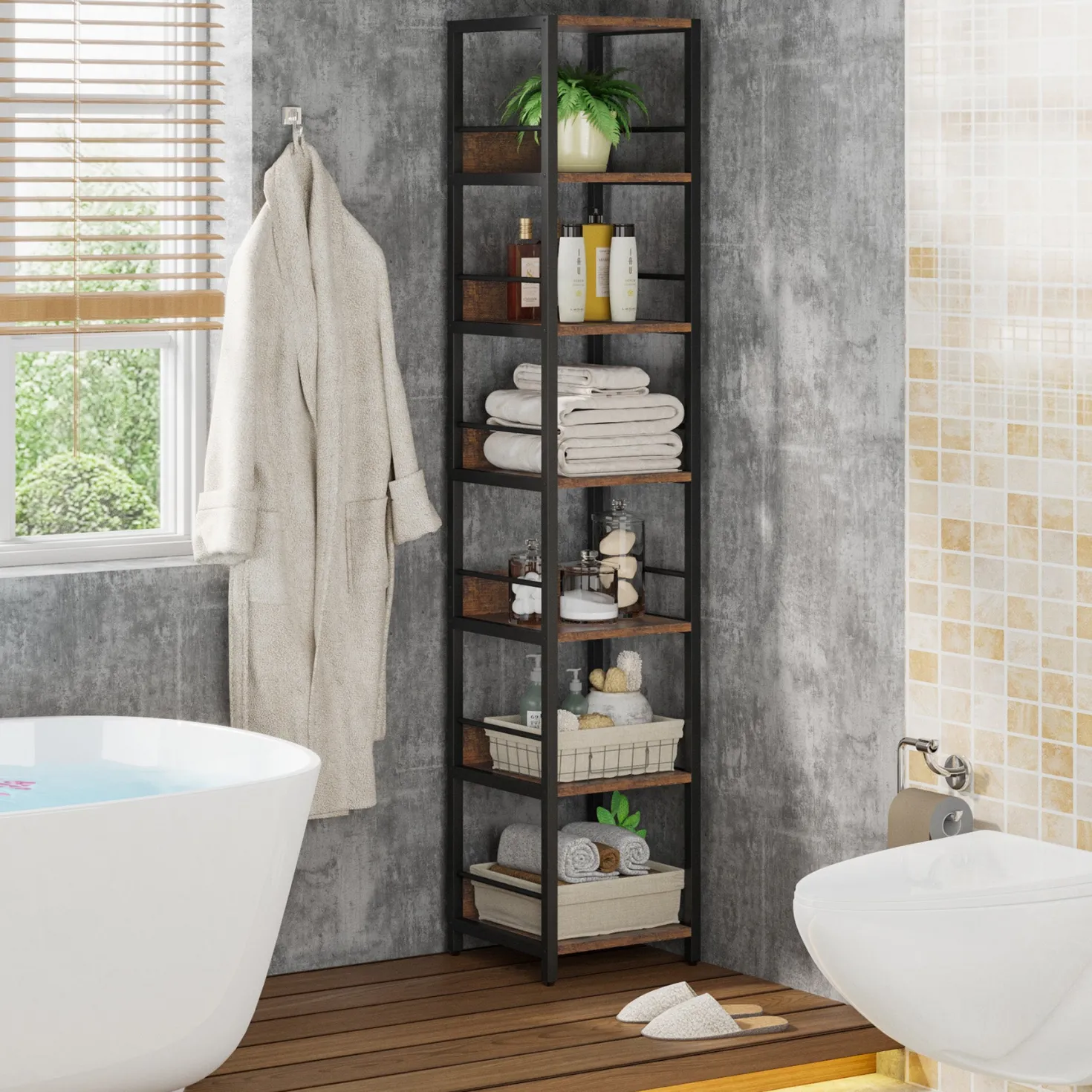 6-Tier Corner Shelf, Narrow Etagere Bookshelf Storage Rack