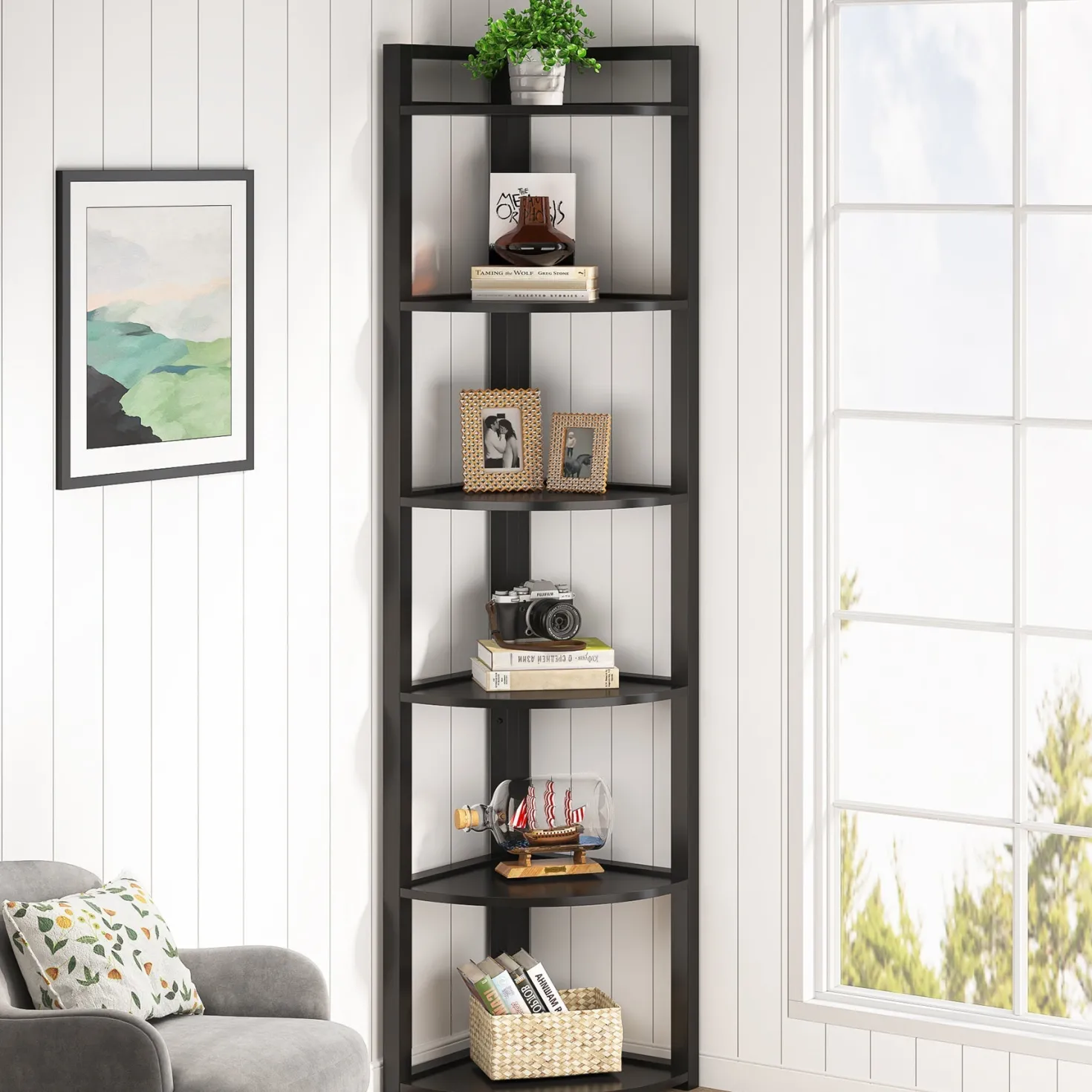 6-Tier Corner Shelf, Small Corner Bookshelf Storage Rack