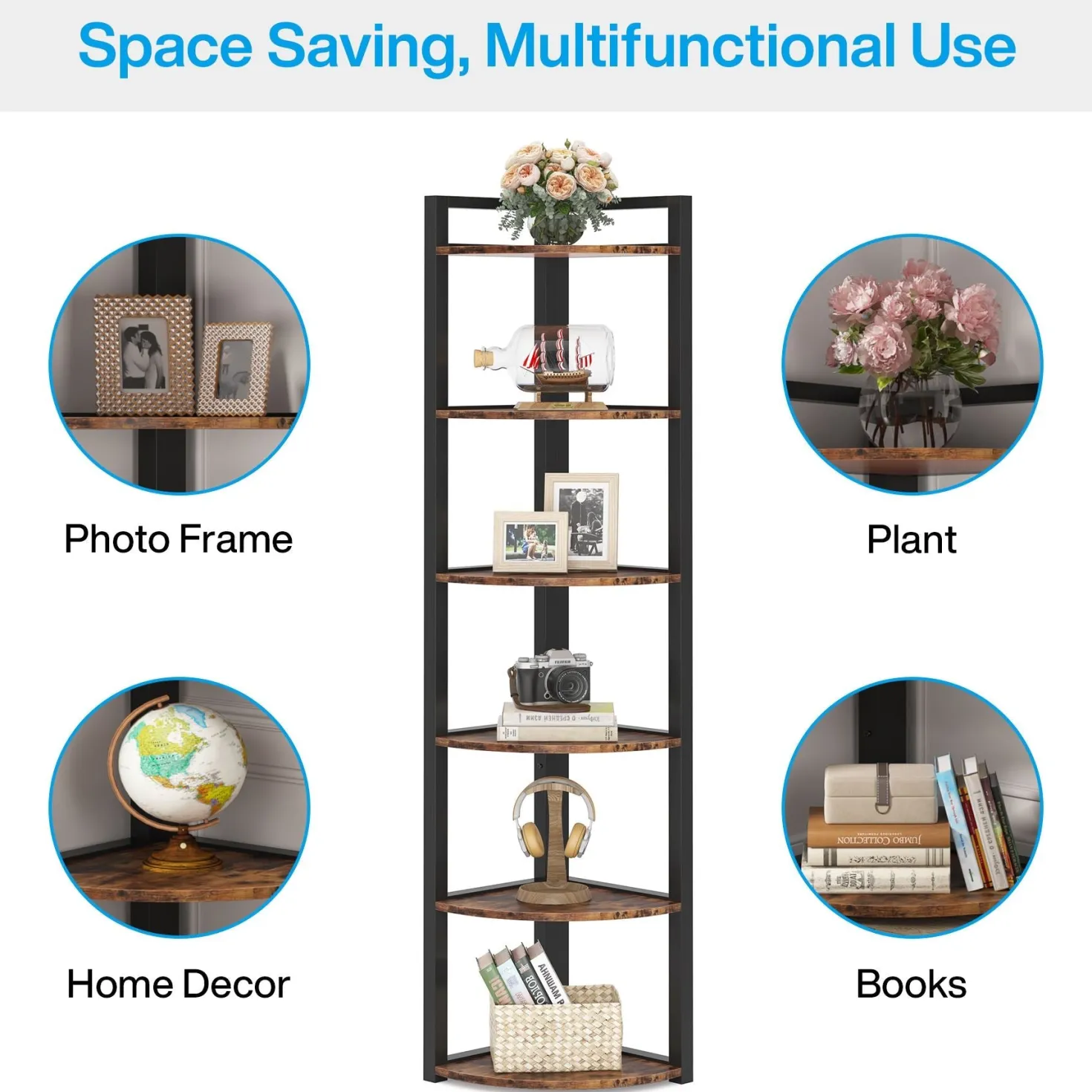 6-Tier Corner Shelf, Small Corner Bookshelf Storage Rack