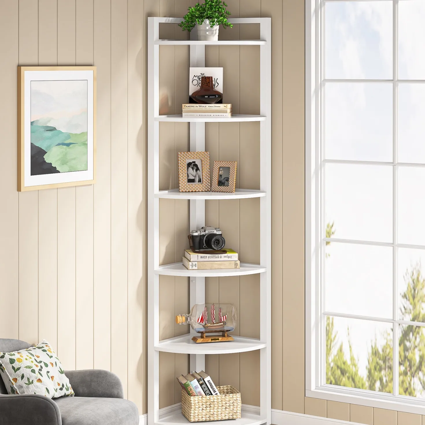 6-Tier Corner Shelf, Small Corner Bookshelf Storage Rack