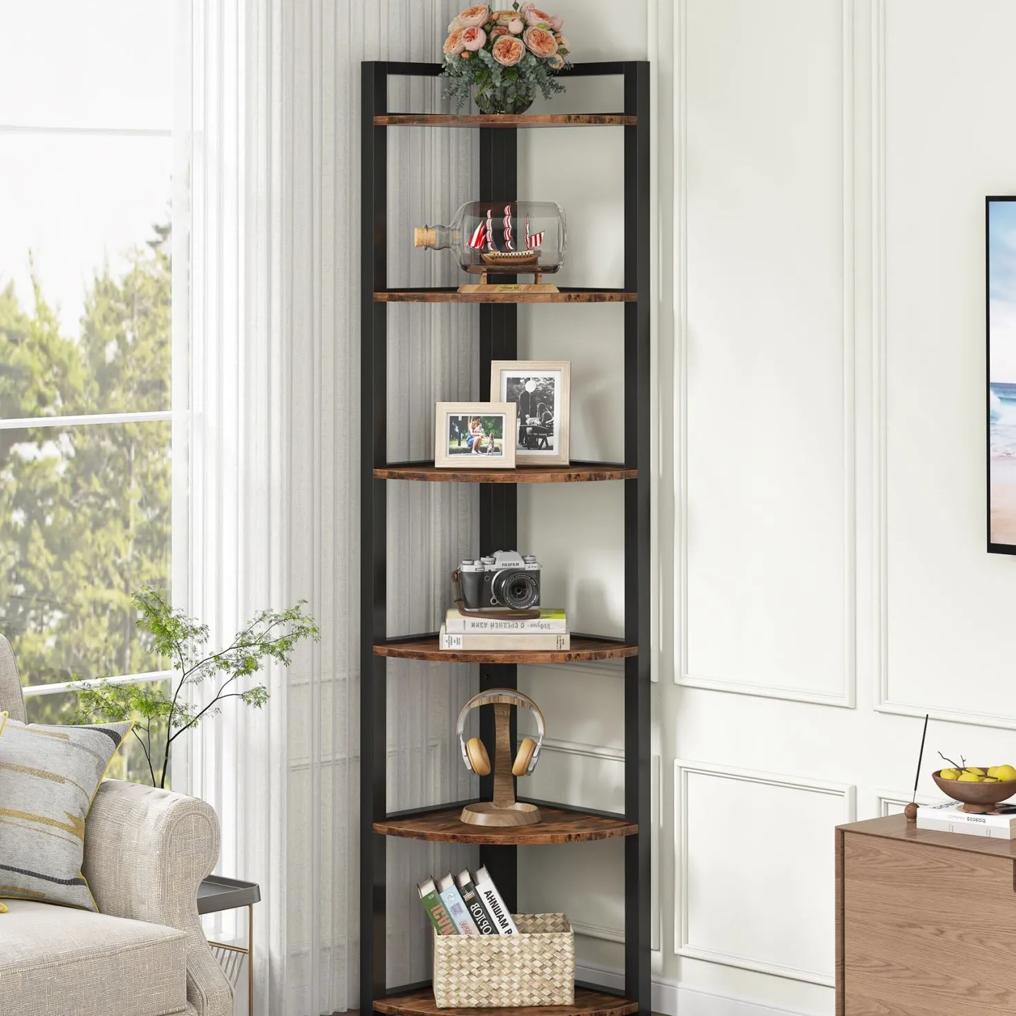 6-Tier Corner Shelf, Small Corner Bookshelf Storage Rack