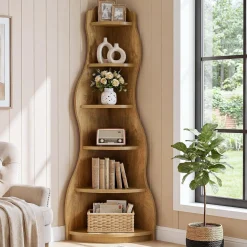 6-Tier Corner Shelf Stand, Tall Bookshelf with Curvy Shape for Living Room