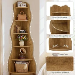 6-Tier Corner Shelf Stand, Tall Bookshelf with Curvy Shape for Living Room