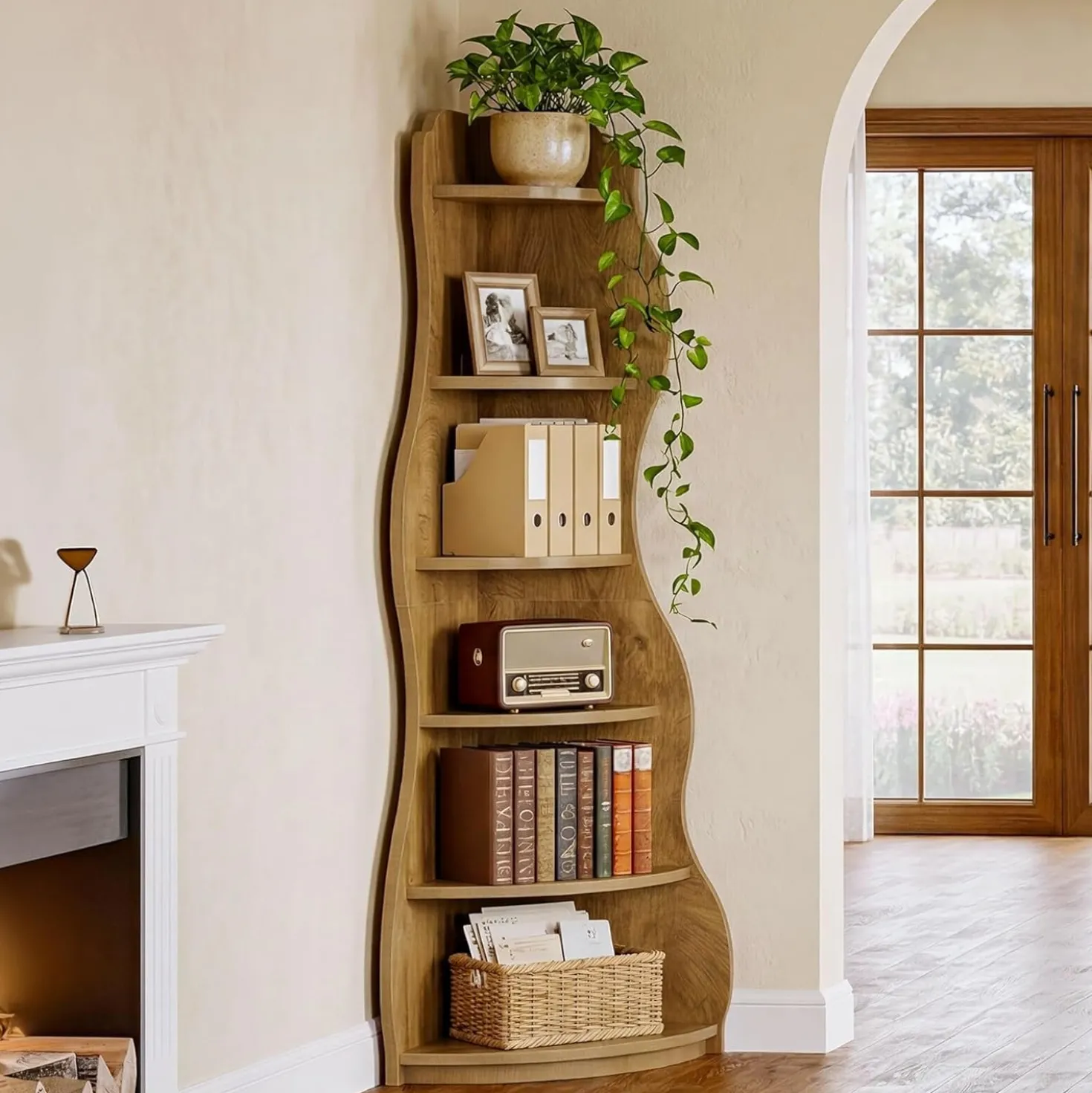 6-Tier Corner Shelf Stand, Tall Bookshelf with Curvy Shape for Living Room