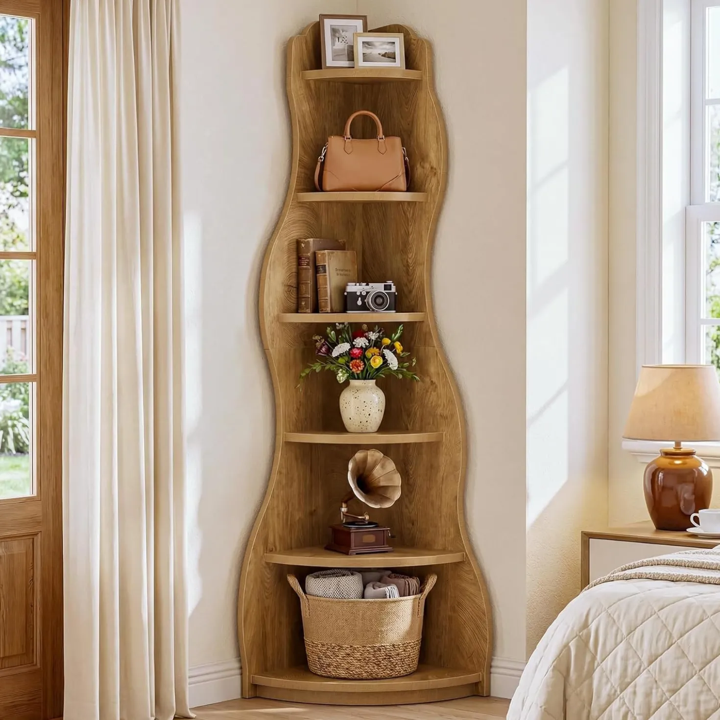 6-Tier Corner Shelf Stand, Tall Bookshelf with Curvy Shape for Living Room