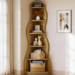 6-Tier Corner Shelf Stand, Tall Bookshelf with Curvy Shape for Living Room