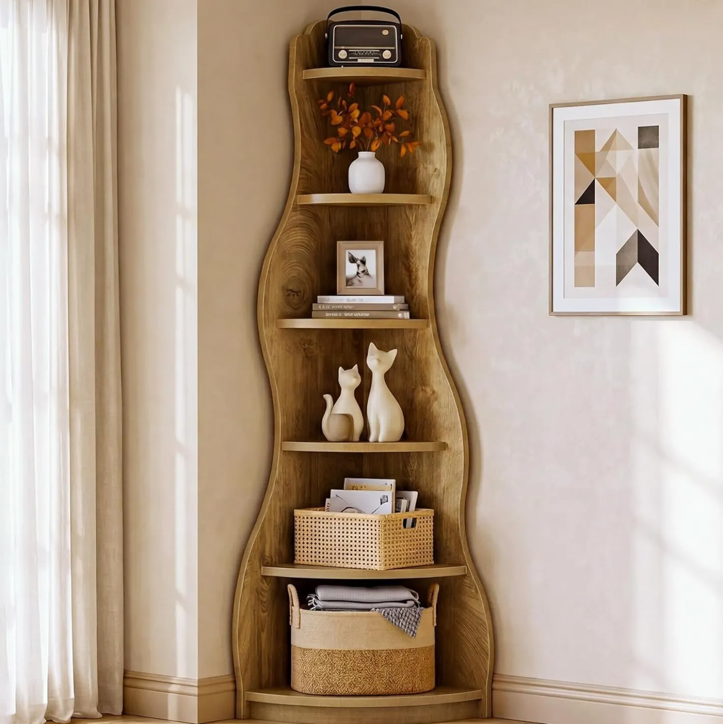 6-Tier Corner Shelf Stand, Tall Bookshelf with Curvy Shape for Living Room