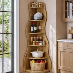 6-Tier Corner Shelf Stand, Tall Bookshelf with Curvy Shape for Living Room