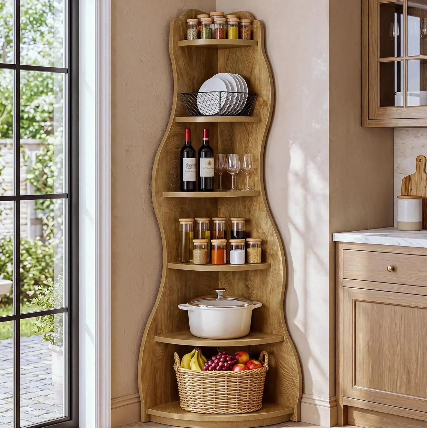 6-Tier Corner Shelf Stand, Tall Bookshelf with Curvy Shape for Living Room