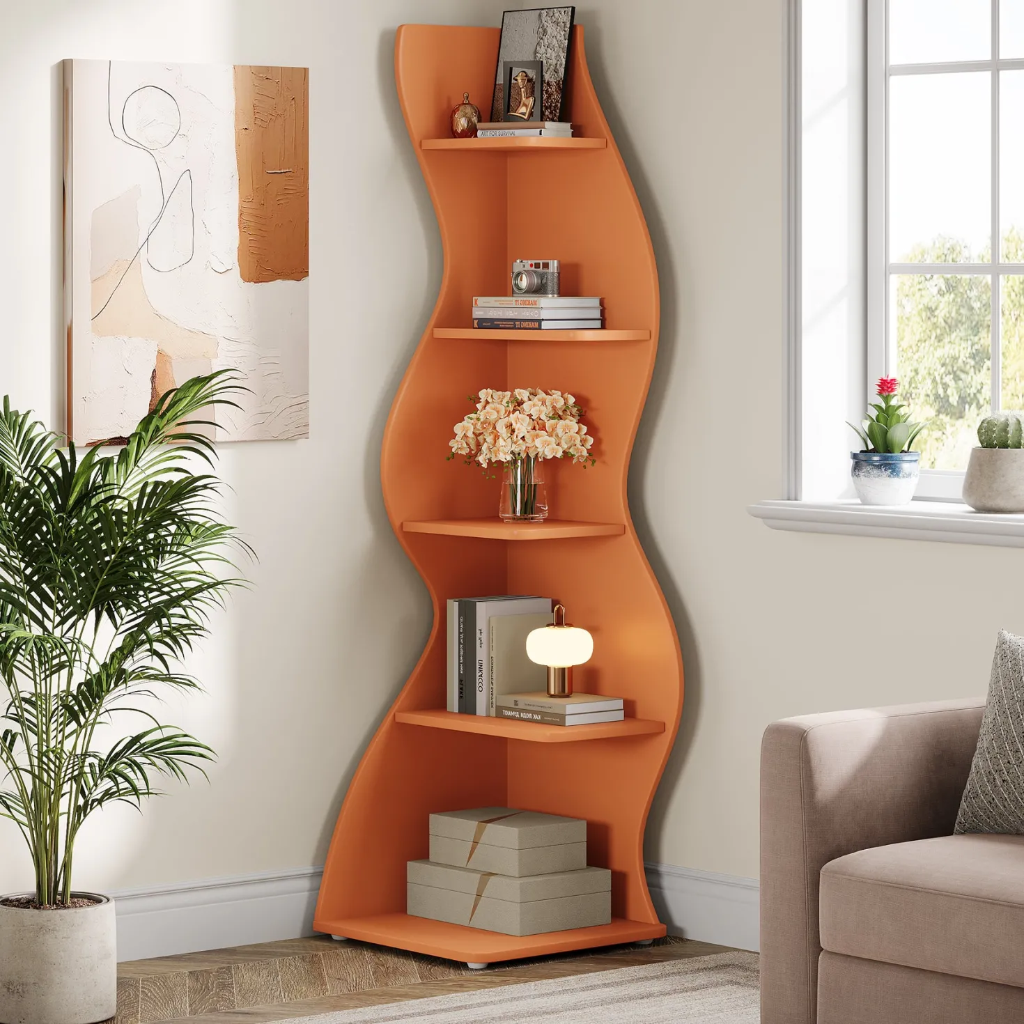 5-Tier Corner Shelf, Wavy Bookshelf Bookcase Display Rack for Home Office