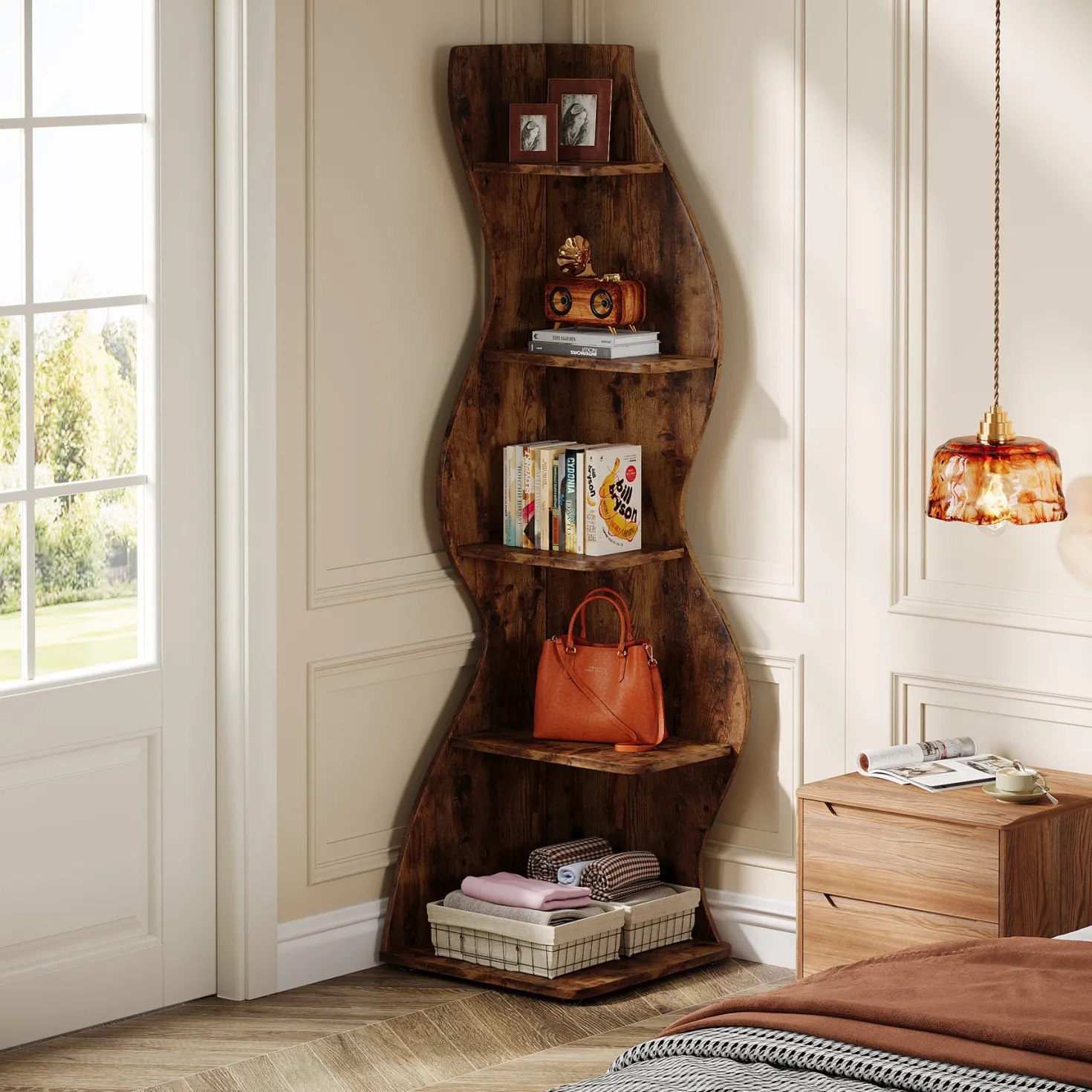 5-Tier Corner Shelf, Wavy Bookshelf Bookcase Display Rack for Home Office