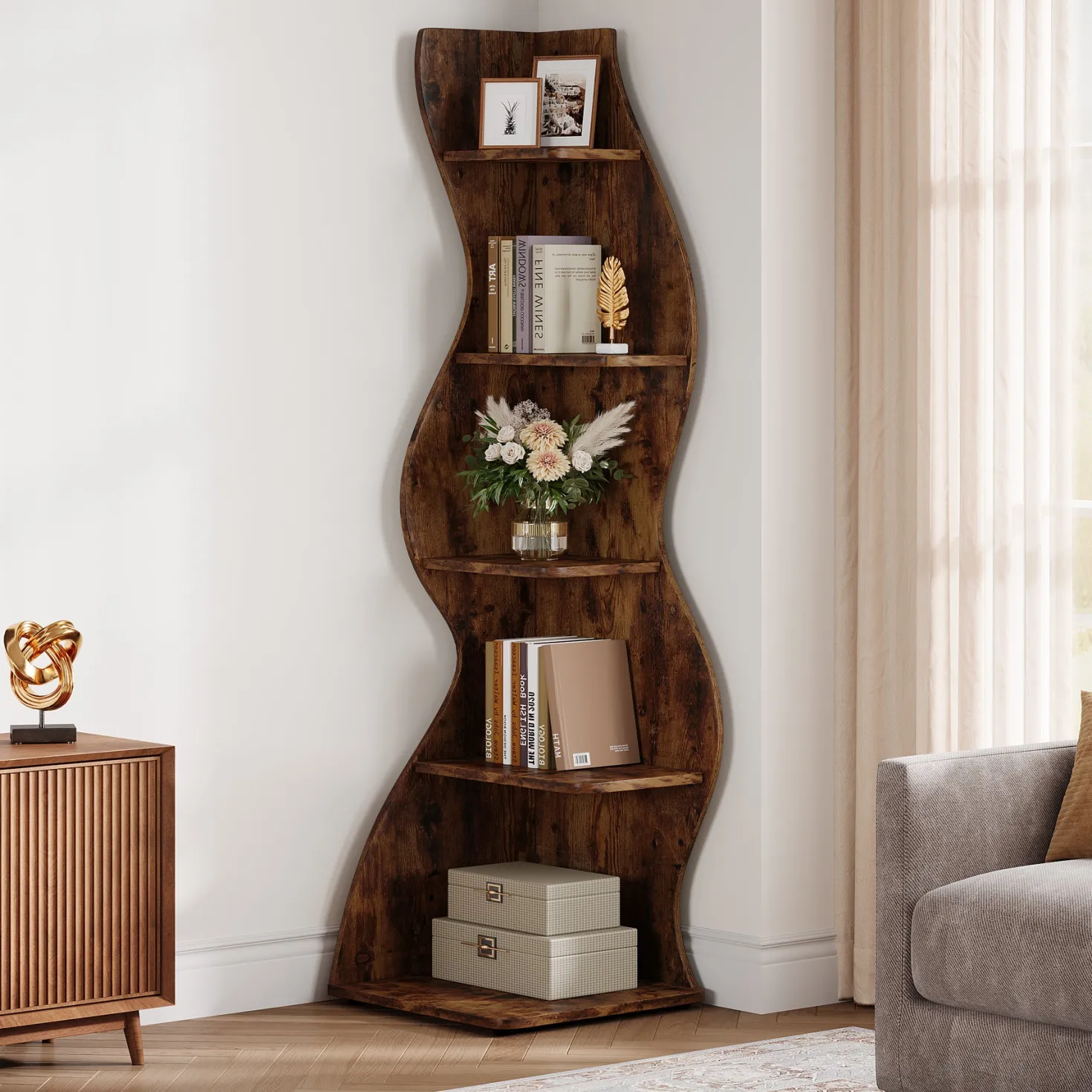 5-Tier Corner Shelf, Wavy Bookshelf Bookcase Display Rack for Home Office