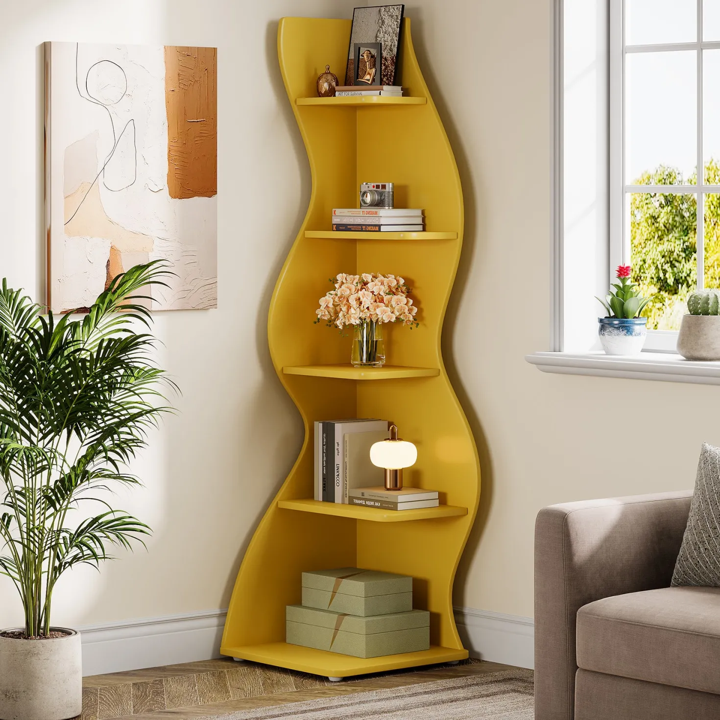 5-Tier Corner Shelf, Wavy Bookshelf Bookcase Display Rack for Home Office