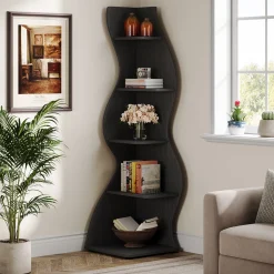 5-Tier Corner Shelf, Wavy Bookshelf Bookcase Display Rack for Home Office