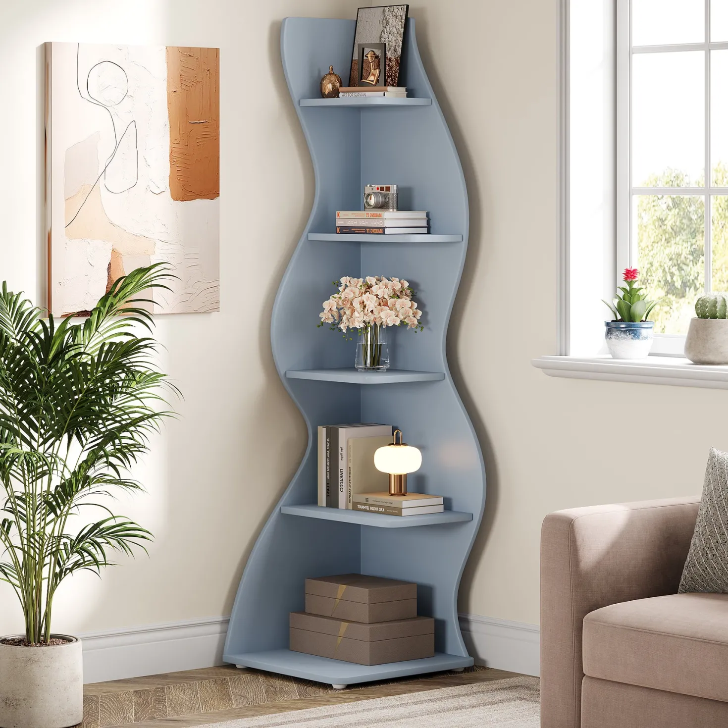 5-Tier Corner Shelf, Wavy Bookshelf Bookcase Display Rack for Home Office