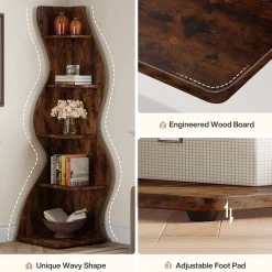 5-Tier Corner Shelf, Wavy Bookshelf Bookcase Display Rack for Home Office