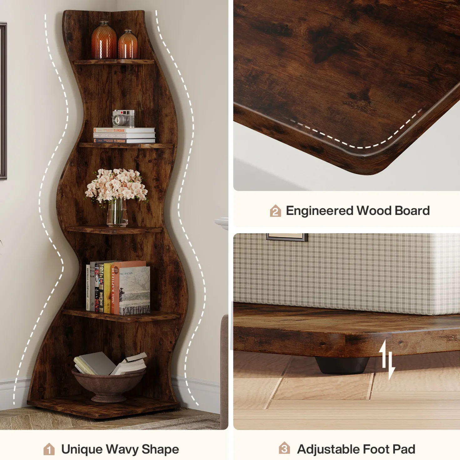 5-Tier Corner Shelf, Wavy Bookshelf Bookcase Display Rack for Home Office