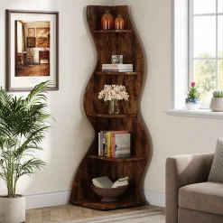 5-Tier Corner Shelf, Wavy Bookshelf Bookcase Display Rack for Home Office