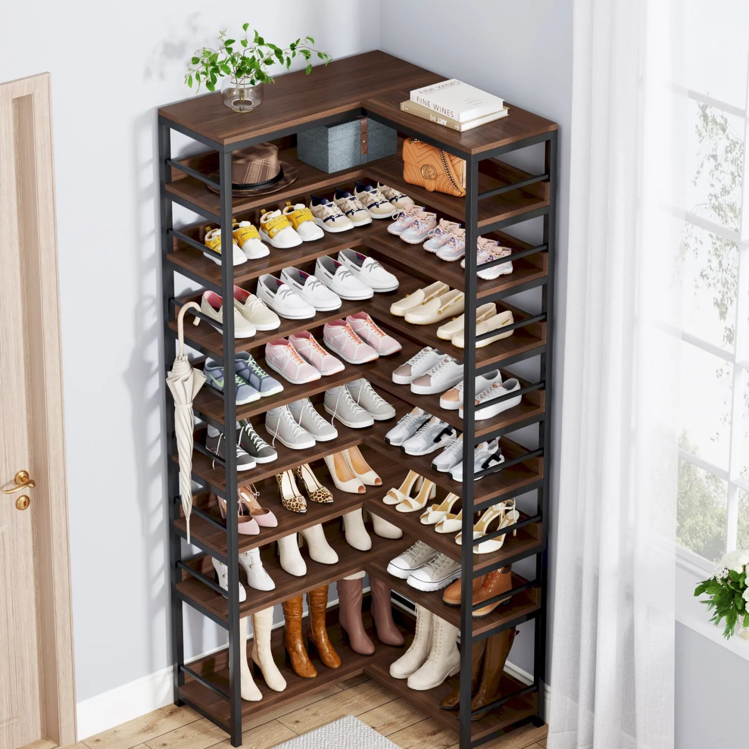 9-Tier Corner Shoe Rack, Freestanding Shoe Storage Shelf