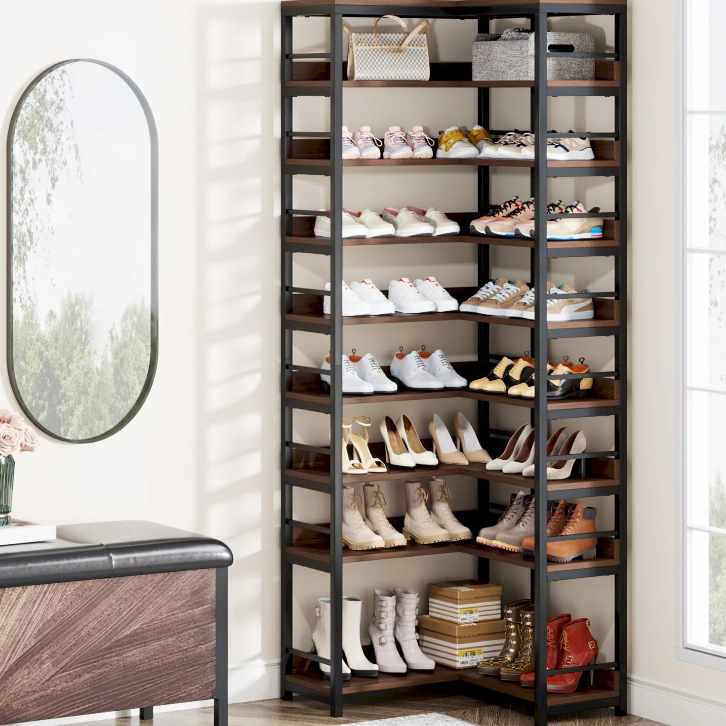 9-Tier Corner Shoe Rack, Freestanding Shoe Storage Shelf