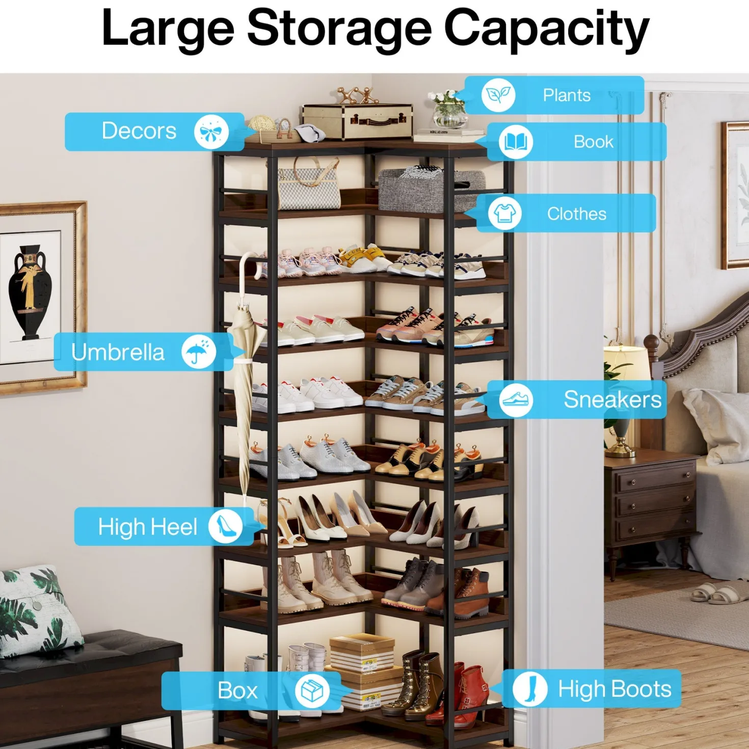 9-Tier Corner Shoe Rack, Freestanding Shoe Storage Shelf
