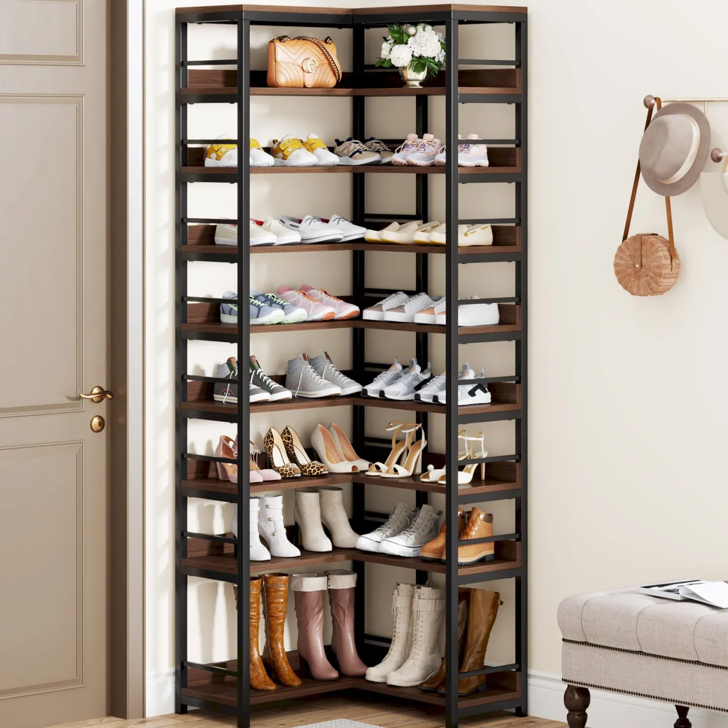 9-Tier Corner Shoe Rack, Freestanding Shoe Storage Shelf