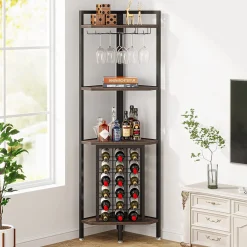 4-Tier Corner Wine Rack with Glass Holder & Storage Shelves
