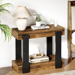 2-Tier End Table, Farmhouse Side Table with Storage Shelf for Living Room