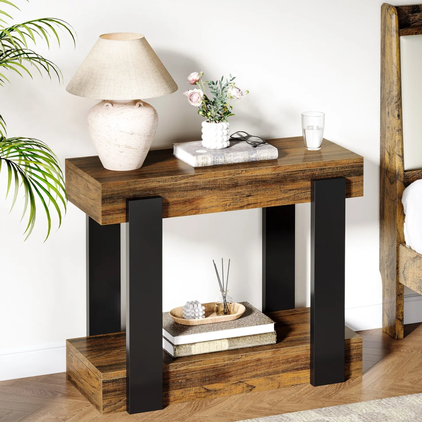 2-Tier End Table, Farmhouse Side Table with Storage Shelf for Living Room