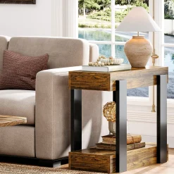 2-Tier End Table, Farmhouse Side Table with Storage Shelf for Living Room