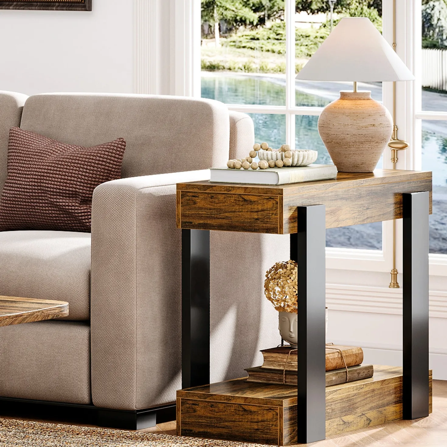 2-Tier End Table, Farmhouse Side Table with Storage Shelf for Living Room