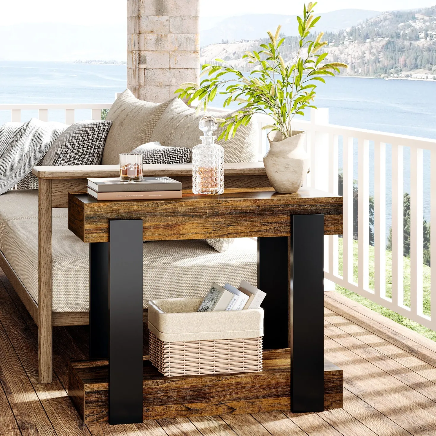 2-Tier End Table, Farmhouse Side Table with Storage Shelf for Living Room