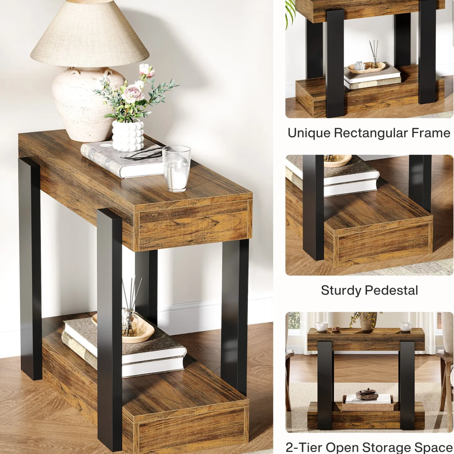 2-Tier End Table, Farmhouse Side Table with Storage Shelf for Living Room